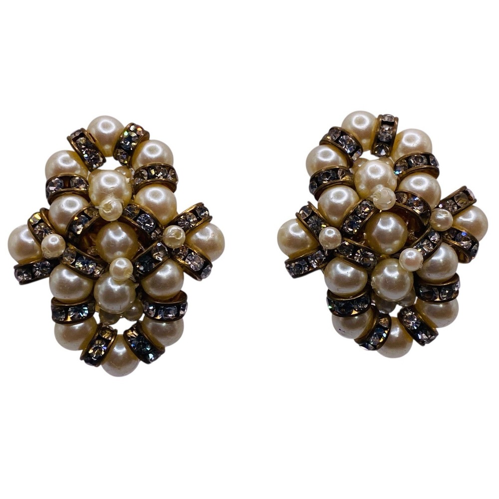 Vintage Estate Faux Pearl Rhinestone GoldTone Cluster Clip On Earrings